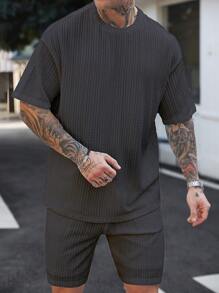 Manfinity Homme 男士度假休闲风格，采用 INS 风格春夏橙色毛圈图案花卉短袖衬衫和短裤套装，适合夏威夷海滩度假，适合夏季舒适服装 - 灰色 - 查看 6