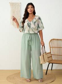 SHEIN Frenchy Plus Size Women 2pcs/Set Vacation Plant Print Ruffle Sleeve Shirt And Wide Leg Pants Set - Multicolor - View 7
