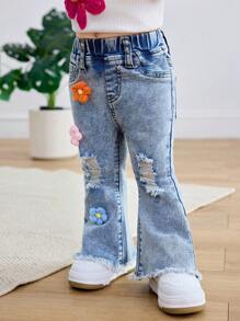 SHEIN Baby Girl Colorful 3D Floral Knit Denim Jeggings Pants - Light Wash - View 5
