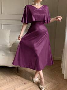 DAZY 夏季优雅 V 领中长连衣裙，适合婚礼宾客，纯色，正式女士礼服舞会礼服