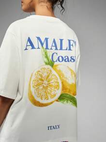 MISSGUIDED Amalfi Coast Italian Lemon Print Oversized T-Shirt Summer Beach Vacation Travel Mediterranean Holiday Casual Cotton Jersey Top - White - View 5