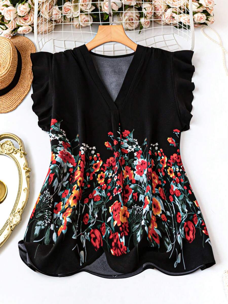 SHEIN Clasi Plus Size Holiday Casual Floral Print Ruffle Trim Shirt - Black - View 1