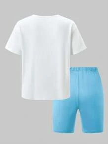 SHEIN Explorewe 两件套少女爱心印花短袖T恤和紧身短裤，舒适简约运动休闲套装，适合女孩、学生、校园、大学穿着。 - 藍色 - 查看 4