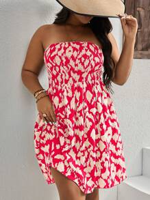SHEIN VCAY Plus Size Red Animal Print Boho Dress: Strapless Shirred Woven Mini Dress For Summer - Red - View 1