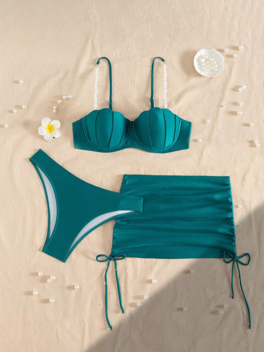 Swim Mod 女士纯色泳衣套装，度假和海滩 - 水鴨藍 - 查看 1