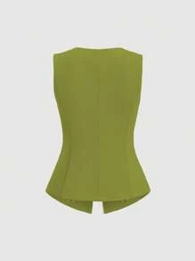 Sweetra French Minimalist Basic Metal Buttons Sleeveless Women Thin Blazer - Green - View 2