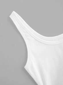 SHEIN Tall CURVE Plus Size Women's Solid Color Pleated Ribbed Casual Fitted White Tank Top - White - View 3