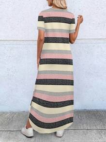 Calvaya 女士 V 领条纹长款休闲短袖连衣裙，夏季长款女装 - 彩色 - 查看 2