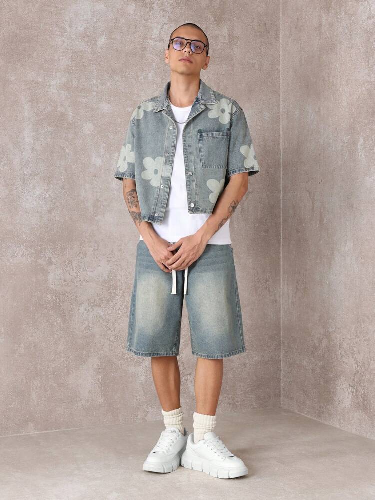 Short Sleeve Button-Up Floral Print Denim Shirt