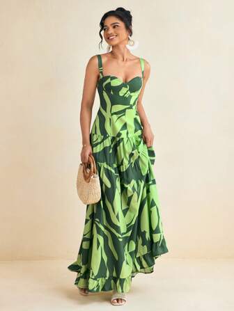Ishaarah Vacation Protea Green Tropical Printed Woven Sweetheart Layered Maxi Dress Women Summer Dress Vacation Sundress, Wedding Guest Dress Women, Floral Dress