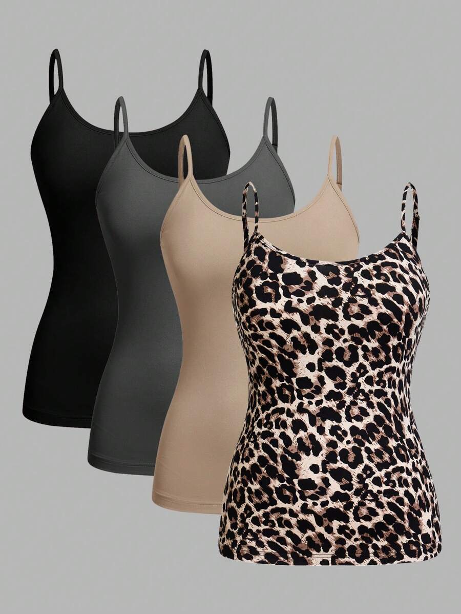 SHEIN EZwear 4 chiếc/gói Áo ba lỗ bó sát thường ngày cho nữ, thích hợp cho mùa hè - Nhiều màu - Xem 1