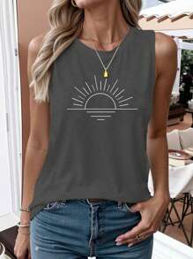 INAWLY Sunrise Easy Line Drawing Printed Casual Round Neck Tank Top Graphic Tees Women Tops