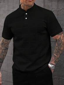 Manfinity Homme 男式休闲纯色纹理立领 Polo 衫 - 黑色 - 查看 5