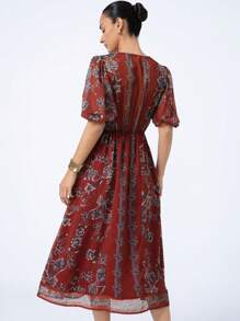 Aveloria Modichic Folk Style Print Chiffon Puff Sleeve Round Neck Single Breasted Dress - Multicolor - View 4