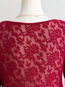 SHEIN WYWH Chemise T à manches évasées asymétriques, col en V, imprimé floral ajouré, avec nœud papillon, coupe asymétrique, pour femmes grandes tailles, couleur rouge, pour le printemps, les vacances, la Saint Valentin