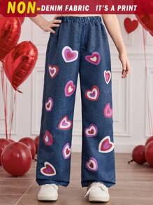 Tween Girl' Pink Heart & Blue Denim Effect Straight Leg Pants - Multicolor - View 1