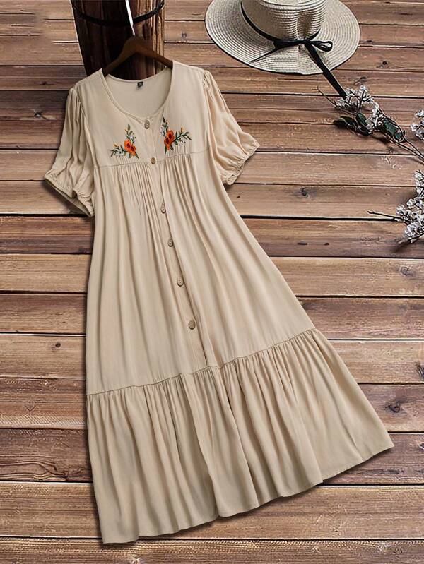 Linhara Women Plus Size Summer Round Neck Embroidered Casual Waistline Lantern Sleeve Loose Hem Dress