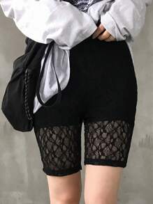 FRIFUL Women's Black Lace High Waist Cropped Leggings, Summer Fashion