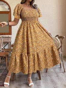 EMERY ROSE Plus Size Vacation/Leisure Ditsy Floral Print Dress With Cinched Waist Maxi Women Outfit - Yellow - View 6