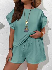 EMERY ROSE Plus Size Women Summer Casual Solid Color Top & Shorts 2 Pieces Set - Mint Blue - View 4