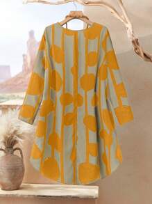 Rusticease Damen Set in großen Größen mit 2 Stücke, geometrisches Muster, Rundhalsausschnitt, Langarm, asymmetrischer Saum Top und Hose, Lässig, Winterset