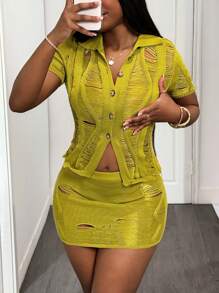 Slaydiva 2025 Summer New Music Festival Easter Daily Casual Vacation Cruise Travel Beach Sunbathing Fashionable Streetwear Polo Collar Short Sleeve Cardigan And Tight Fitted Mini Skirt Crochet Hollow Textured Green 2pcs Women Sweater Set - Green - View 6