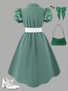 SHEIN Explorewe Teen Girl French Retro Shirt Dress, Flowing & Soft, Loose & Comfortable, Snug Fit & Elegant Look For Summer - Green - View 2