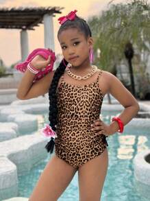 Tween Girl Casual Everyday Vacation Versatile Knitted Monokini Swimsuit, Suitable For Beach, Pool, Mommy And Me Matching Outfits (2 Pieces Sold Separately)