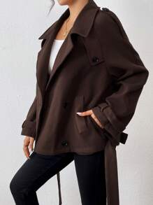 Chiquease Casual Collared Short Woolen Jacket With Design Details - Coffee Brown - View 4
