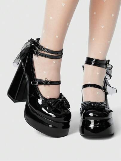 Goth Women's Mary Jane Platform Pumps With Thick Heel, Bowknot Shoes, Round Toe Mule Pumps, Black Formal Dress High Heels Spring Shoes Spring Break Easter Prom Heels