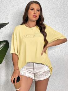 SHEIN EZwear T-shirt décontracté à encolure ronde, manches tombantes, avec broderie de lettres, pour femmes grandes tailles
