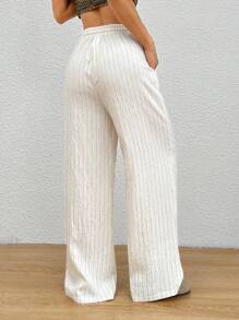 SHEIN EZwear 女士夏季抽绳腰带口袋宽松亚麻条纹阔腿裤 - 杏色 - 查看 2