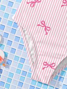 SHEIN Cute Pink Striped Bow Print Young Girls' Simple Casual One-Piece Swimsuit, Suitable For Summer - Multicolor - View 3