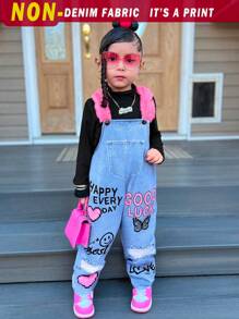 SHEIN Sparklyn Pantalones de peto acolchados con efecto denim, parches, moños y estampado de corazones, en estilo casual y cute de Y2K para niñas, para la calle