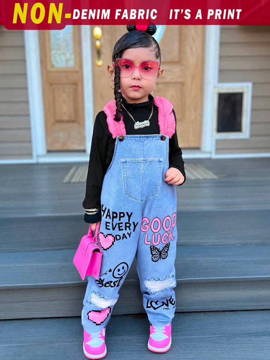 SHEIN Sparklyn Pantalones de peto acolchados con efecto denim, parches, moños y estampado de corazones, en estilo casual y cute de Y2K para niñas, para la calle