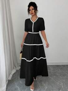 Elenzga Vestido estilo línea A con parches de cinta elegante para el verano - Negro - Ver 6