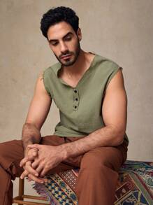 Manfinity VCAY Men's Casual Woven Fitted Half-Zip Patterned Sleeveless Tank Top, Suitable For Everyday Wear - Green - View 6