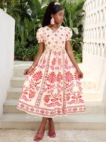 SHEIN Teens Girls Blush Pink Summer Casual Surplice Neckline Puff Sleeve A-Line Dress,Formal Party Vacation Holiday Music Festival Boho Spring Picnic Wear - Multicolor - View 6