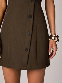 SHEIN Forever 21 Women's Solid Color Single-Breasted Crew Neck Sleeveless Mini Dress - Brown - View 7