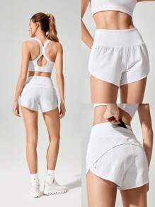 GLOWMODE Short de running de cintura alta de 4 pulgadas VitalSwift con ropa interior incorporada, bolsillo con cordón, para entrenamiento diario, gimnasio, verano, secado rápido, transpirable y antimicrobiano