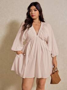 Elaquor Vestido de mujer de talla grande con cuello en V profundo, manga farol fruncida y unicolor - Albaricoque - Ver 7