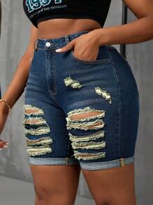 SHEIN SXY 大码女式弹力破洞紧身牛仔裤 - 藍色 - 查看 6