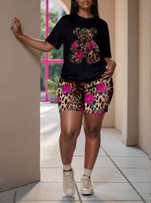 Slaydiva 2pcs/Set Plus Size Women Casual Rose & Leopard Cartoon Bear Print Short Sleeve T-Shirt & Shorts, Summer Suitable For Going Out