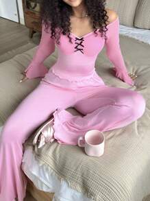 Cute Two-Tone Bow & Ruffle Trim Women Pajama Set - Pink - View 1
