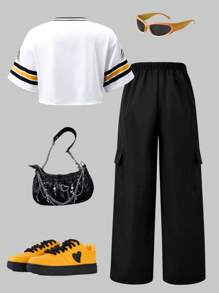SHEIN Explorewe Conjunto de 2 piezas de camiseta con cuello en V y estampado de letras + pantalones cargo de pierna ancha, estilo de moda casual urbana para niña preadolescente, adecuado para uso casual - Multicolor - Ver 2