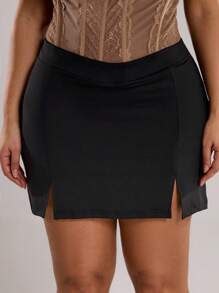 SHEIN BAE Váy suông xếp ly xẻ tà màu trơn dành cho nữ mùa hè - màu đen - Xem 2