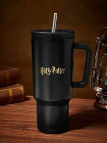 HARRY POTTER X SHEIN 死亡圣器 40 盎司真空保温水瓶带手柄，亮面金色字母印花，礼物 - 黑色 - 查看 6