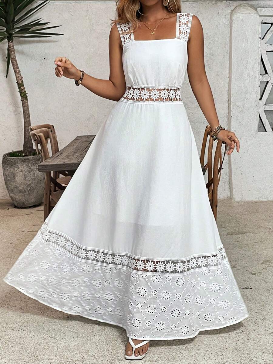 SHEIN VCAY Plus Size White Long Dress, Romantic Lace Trim Sleeveless Maxi Beach Dress, Embroidered Hem Holiday Dress,Graduation Dress Coconut Girl Summer Outfits For Women Country Concert Outfit Beach Outfits For Woman Graduation Outfit Beach Vacation Outfits  Brunch Outfits For Women Western Clothes For Women Cowgirl Outfit  Airport Outfit For Women  City Break Outfits Holiday Outfits Old Money European Summer Outfit  Women's Spring Dresses Women Formal Dresses Women Dress Women's Summer 2 Pieces Women Sets Lace Dress White Lace Dress