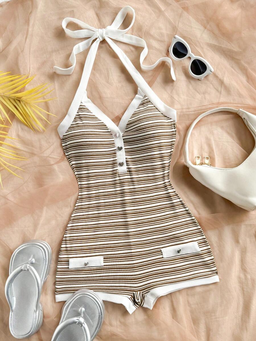 Soleia Retro Red & White Striped Color Block Heart Metal Buckle Decor Halter Romper