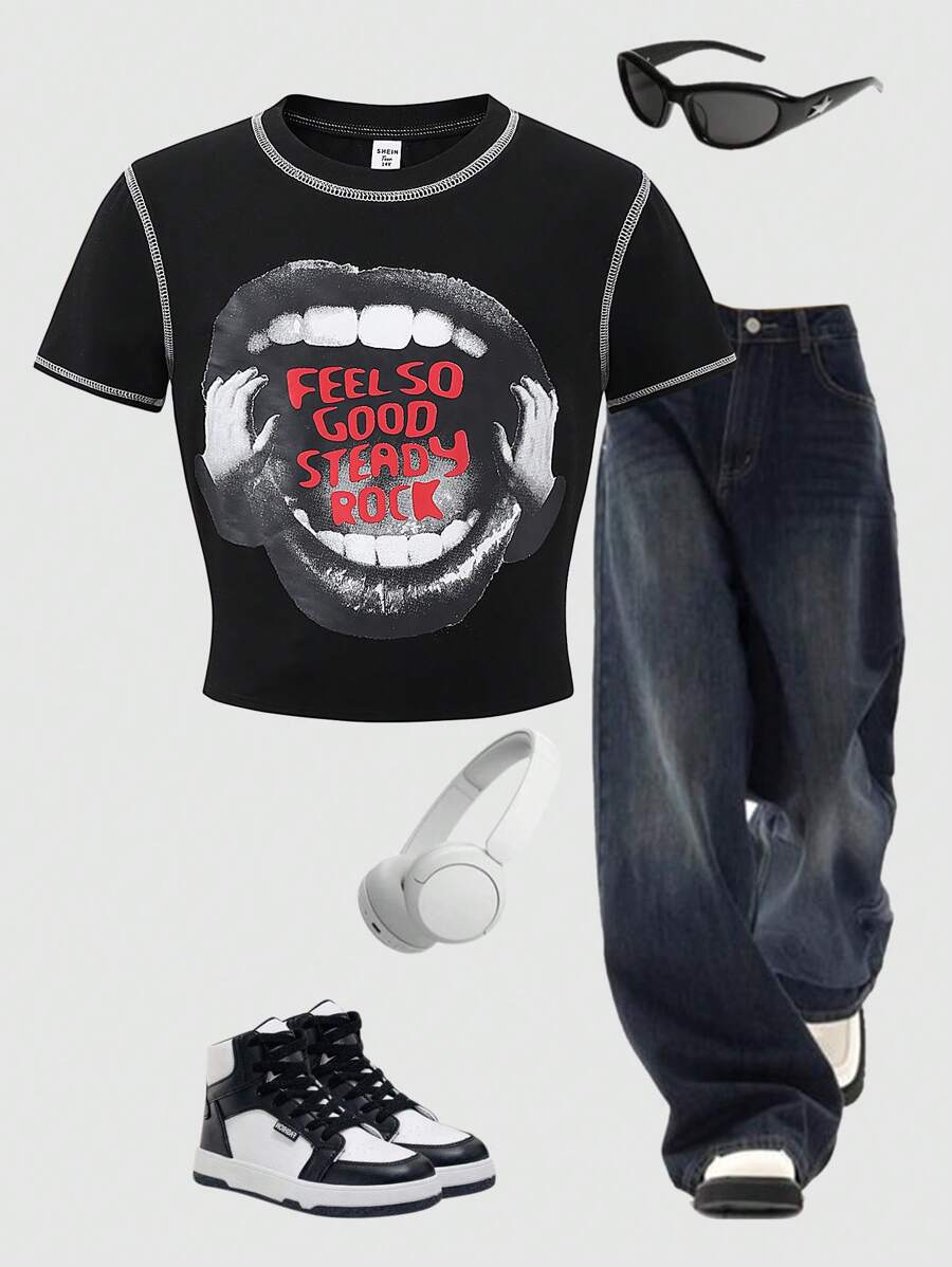 SHEIN Explorewe Teen Girls Letter Print Cropped T-Shirt - Black - View 1